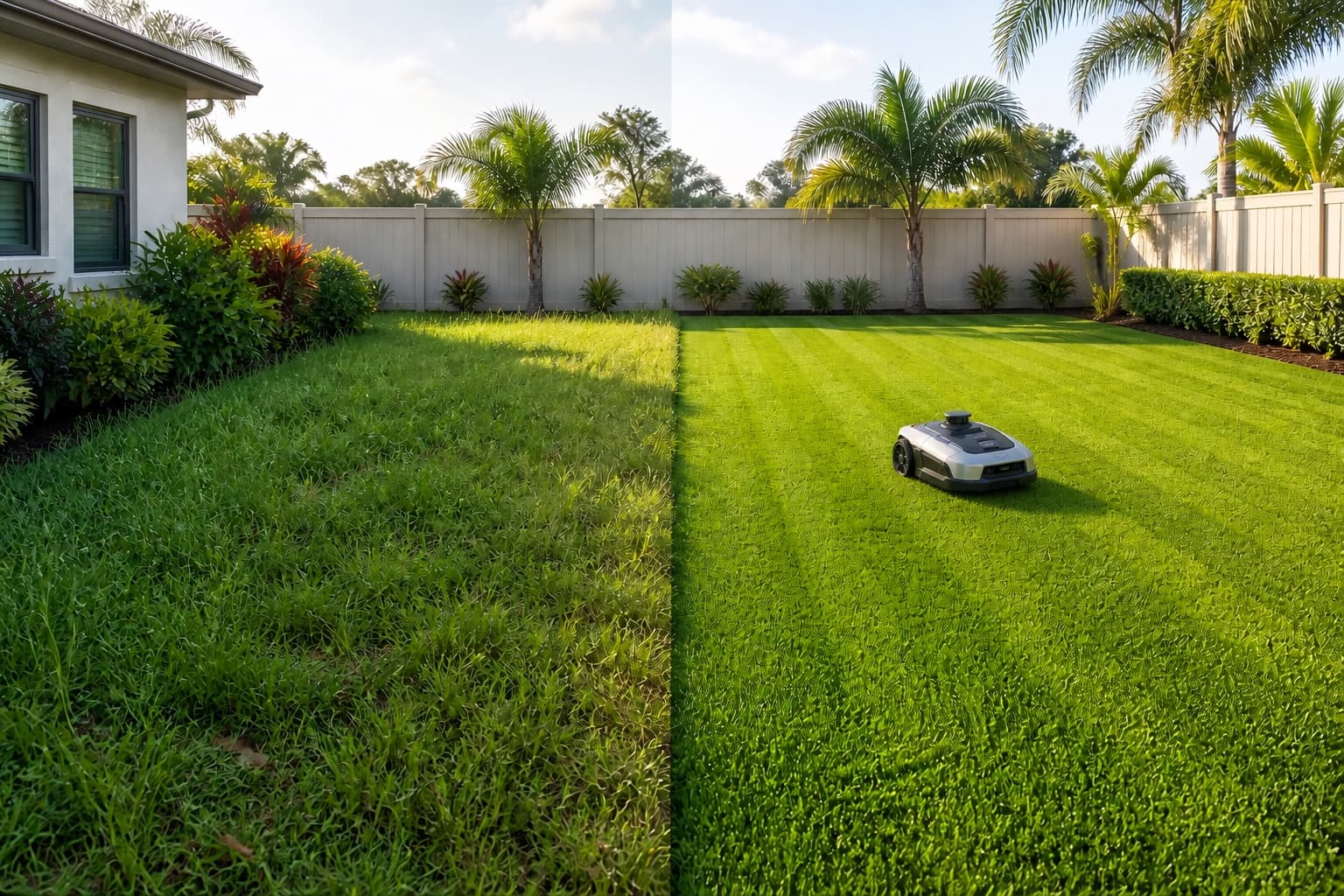 The same South Florida backyard before Denly with tall grass and after Denly with a freshly cut lawn and robotic mower
